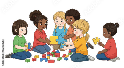 Diverse group of children playing with building blocks in cartoon style