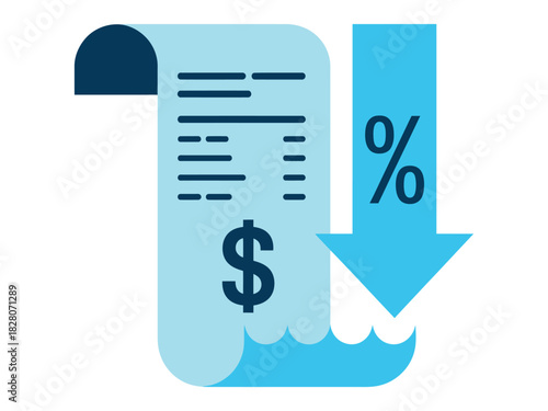 A receipt with a dollar sign and a downward arrow with a percentage symbol indicates a price decrease.