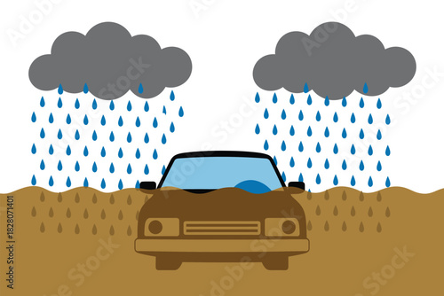 A car is submerged in muddy floodwaters under heavy rain and dark clouds.