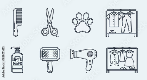 Pet grooming and fashion outlines: tools, clothes, and accessories in linear design
