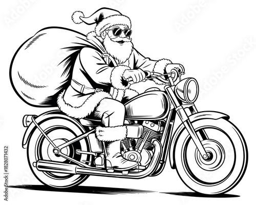 Santa Claus rides a motorcycle with a sack of gifts on his back.