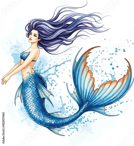 Watercolor Style Swimming Mermaid Vector Illustration with Flowing Dark Purple Hair and Blue Fin Tail, Beautiful Mythological Female Siren Character Creating Water Splash Art