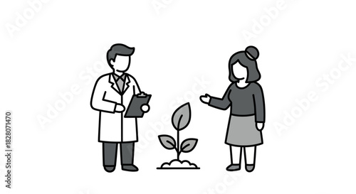 Minimalist black and white illustration of professionals discussing plant growth