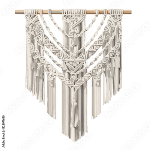 Macrame wall decor in bohemian style with textured white fibers  