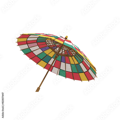 Colorful paper umbrella with geometric patterns in bright hues  