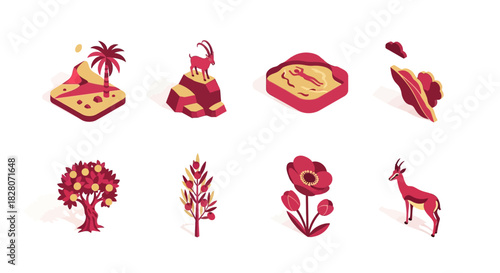 Isometric desert landscape with animals and plants in vibrant red tones