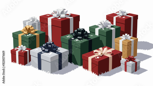 Packaged gift boxes in the snow in different colors with ribbons and bows    