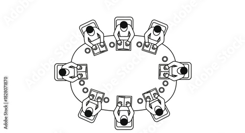 Linear office teamwork meeting with diverse business professionals around conference table