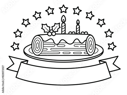 Black and white illustration of a christmas yule log cake with stars and a banner