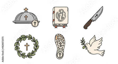 Set of religious symbols: bible, dove, wreath, candle, knife with cross