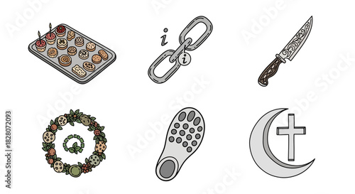 Assorted icon set: cookies, chain, knife, wreath, shoe sole, crescent cross