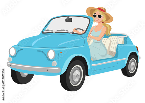 woman wearing a straw hat and sunglasses is driving a small, light blue, vintage convertible car