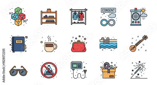 Colorful outline icons set: everyday items and activities for modern living