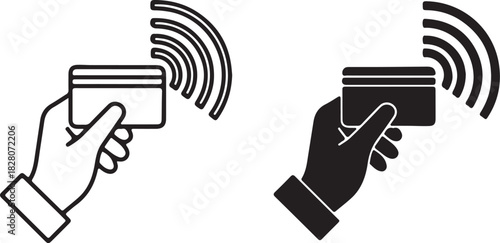 Outline and Solid Icons of a Hand Holding a Credit Card with Wireless Signals Symbolizing Contactless Payment on transparent background