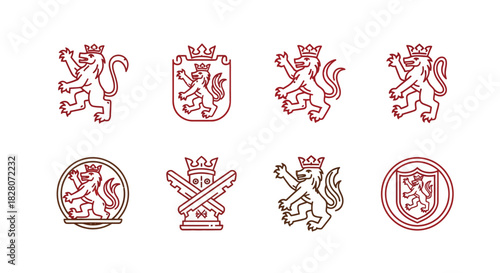 Heraldic lion emblems: linear crest designs with regal crowns