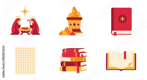Nativity symbols and religious books set in flat design for christmas themes