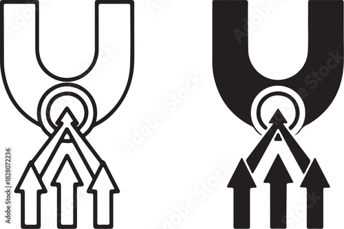 Outline and Solid Icons of a Magnet Attracting Arrows Symbolizing Magnetic Force and Attraction horseshoe magnet on transparent background