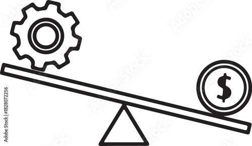 Seesaw With Gear And Dollar Coin Balancing In Outline balance scale on transparent background