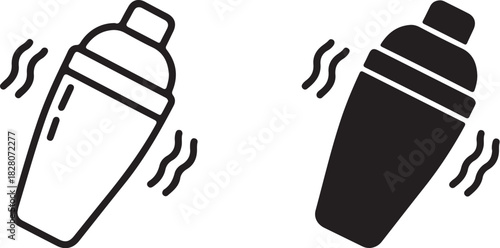 Two icons of a cocktail shaker, one outlined and one solid black, both indicating shaking motion bartender on transparent background