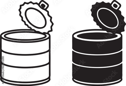 Two Open Tin Cans One White Outline One Black Silhouette food on transparent background