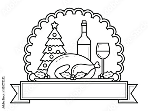 Outline drawing of christmas dinner with turkey wine tree and banner for text