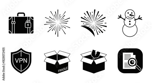 Black and white icons: business suitcase, starbursts, snowman, vpn shield, fragile boxes, document search