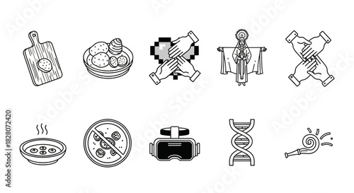 Diverse black and white line art icons for modern and vintage themes