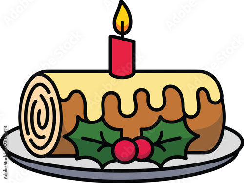 Illustration of a yule log cake with a candle and holly berries on a gray plate