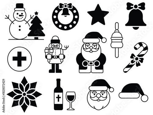 Collection of christmas themed black and white vector icons on a white background