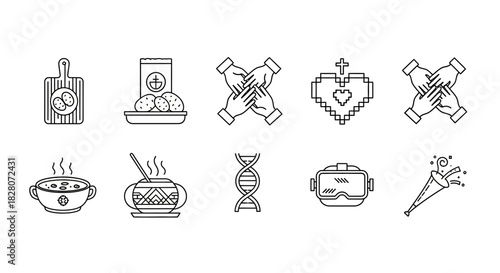 Simple line icons of cooking ingredients, dna, virtual reality, and teamwork