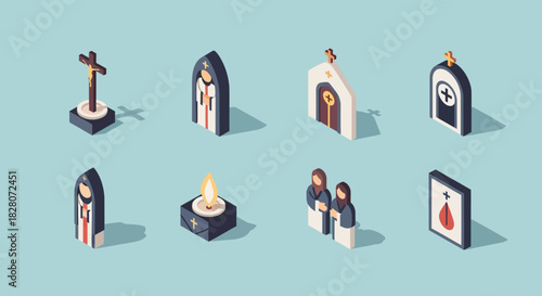 Isometric religious icons set: crosses, churches, and candles on a blue background