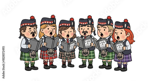 Cartoon scottish choir in traditional kilts singing together