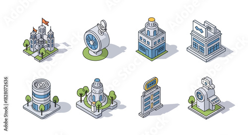 Isometric urban icon set with buildings and architecture elements