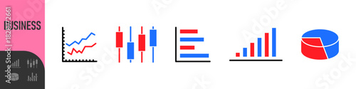 Business data charts. Diagrams and graphs. Business data market elements, statistic and data, infographics business, money, down or up, analytic report. Set of financial marketing colorful diagrams