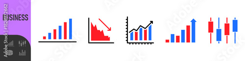 Business data charts. Diagrams and graphs. Business data market elements, statistic and data, infographics business, money, down or up, analytic report. Set of financial marketing colorful diagrams
