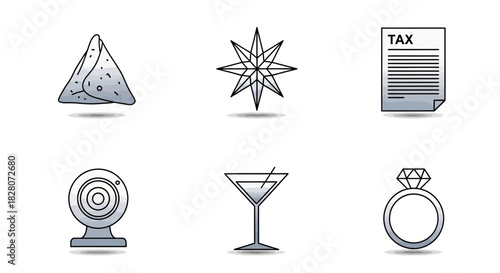Minimalistic icon set featuring martini, diamond ring, compass star, samosa, webcam, and tax document