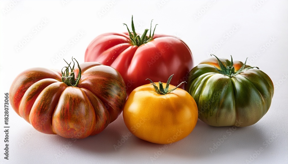 Fototapeta premium Heirloom Tomatoes On White Background In Natural Light