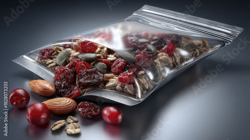 A bag of mixed nuts and raisins is shown on a table