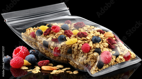A bag of cereal with blueberries, raspberries, and raisins