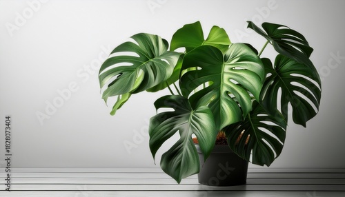 Tropical Monstera Plant With Perforated Leaves In Pot