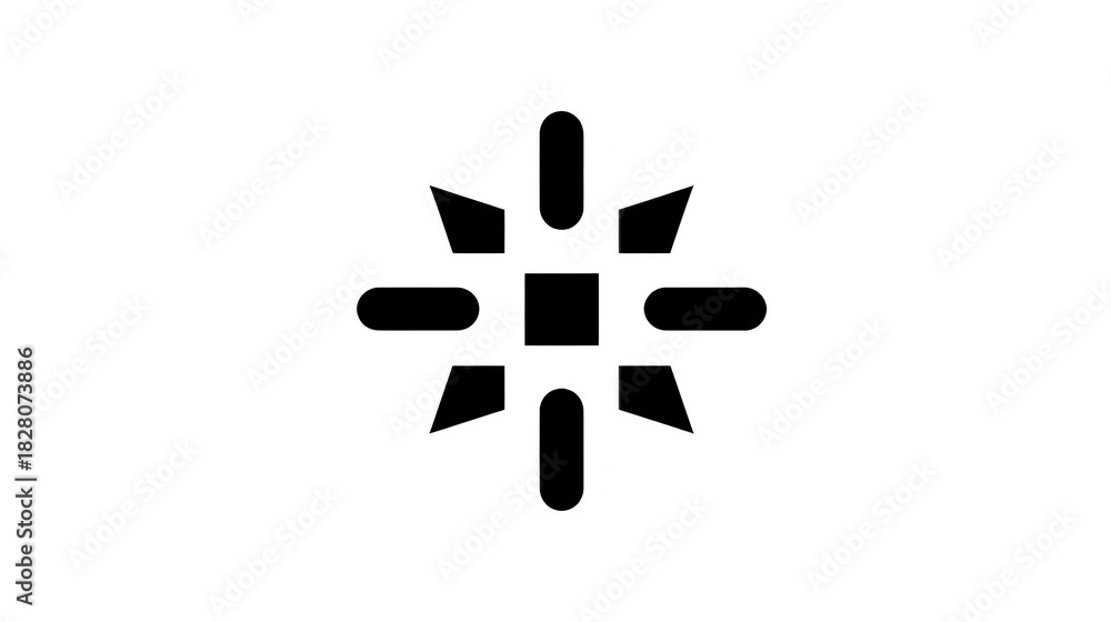 Obraz premium Geometric black sun icon with symmetrical rays and rounded shapes, minimalistic design, isolated on transparency background, modern abstract symbol, simple and clean style