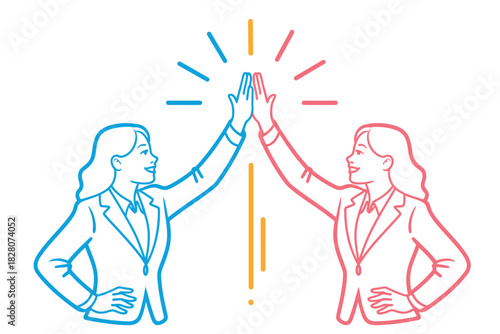 Two women in suits give each other a high five in celebration.