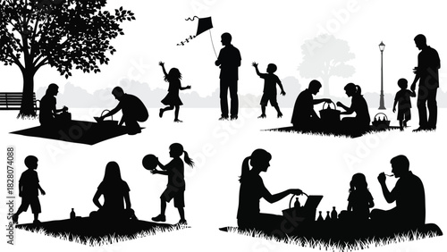 Black silhouette set of families enjoying outdoor activities in a park.