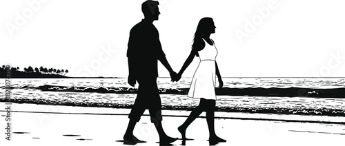 Silhouette of a couple walking hand in hand on a beach at sunset.