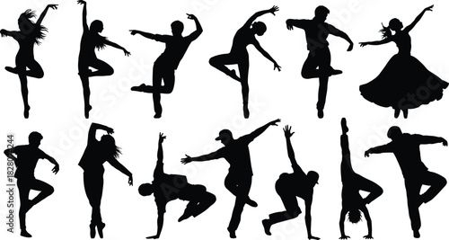Collection of dance silhouettes in various poses against a white background.