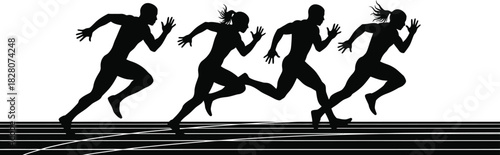 Silhouette of runners on track competing in a race black and white.