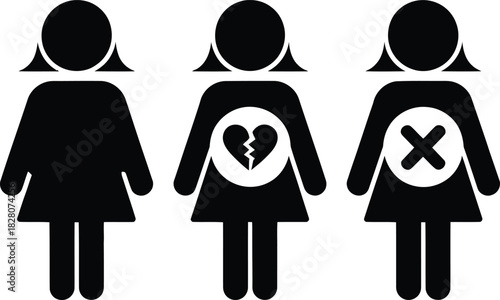 Female emotional states: broken heart and rejection symbol icons.