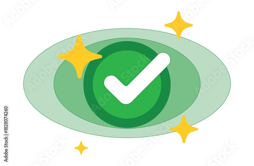An eye symbol with a green checkmark and sparkling stars indicates successful vision or approval.