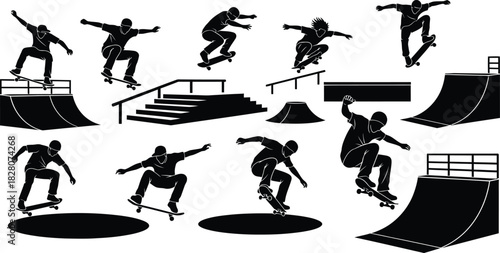 Skateboarder silhouettes performing tricks at a skate park with ramps and rails