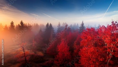 Misty Red Forest At Dawn